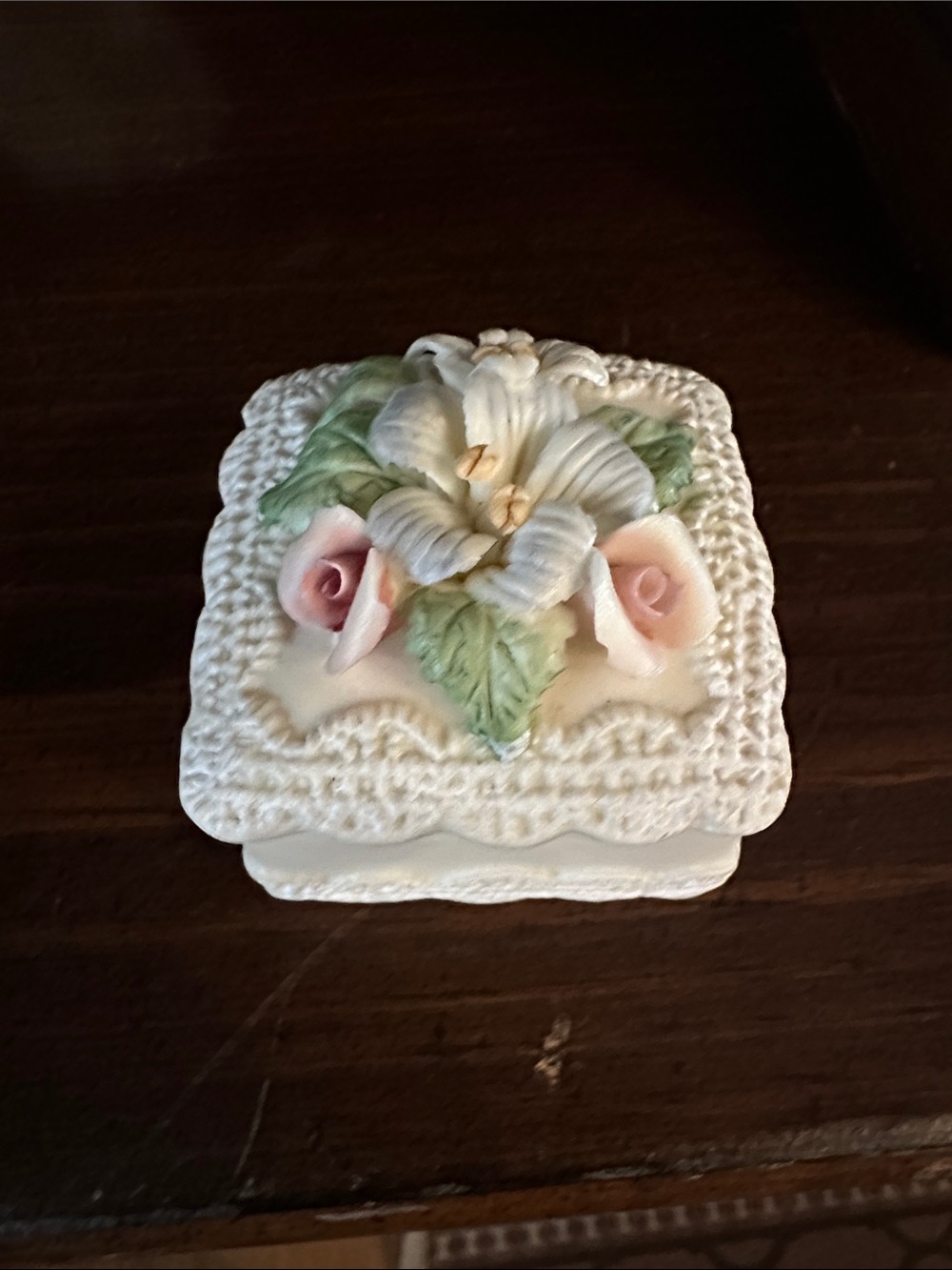 Porcelain Floral Trinket Box with Pink Roses and White Lily